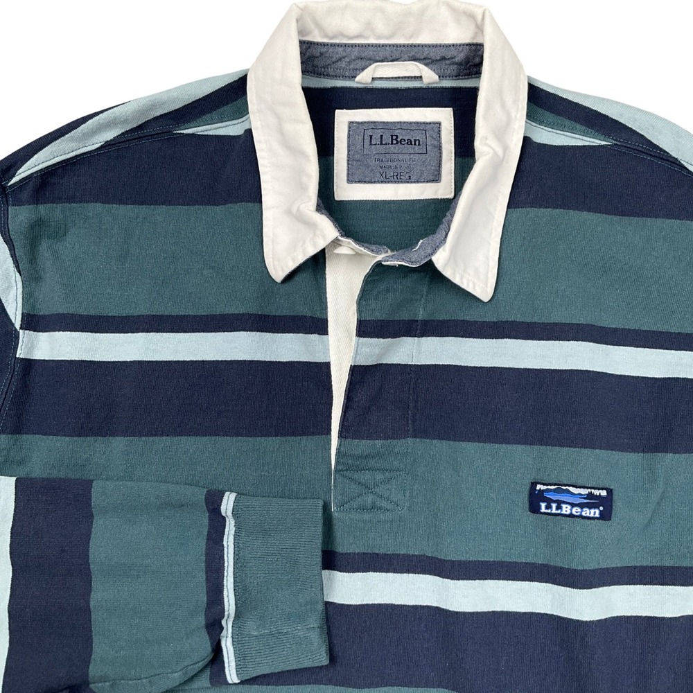 LL Bean Shirt Mens XLR Teal Navy Blue Stripe Rugby Preppy Nautical Collegiate